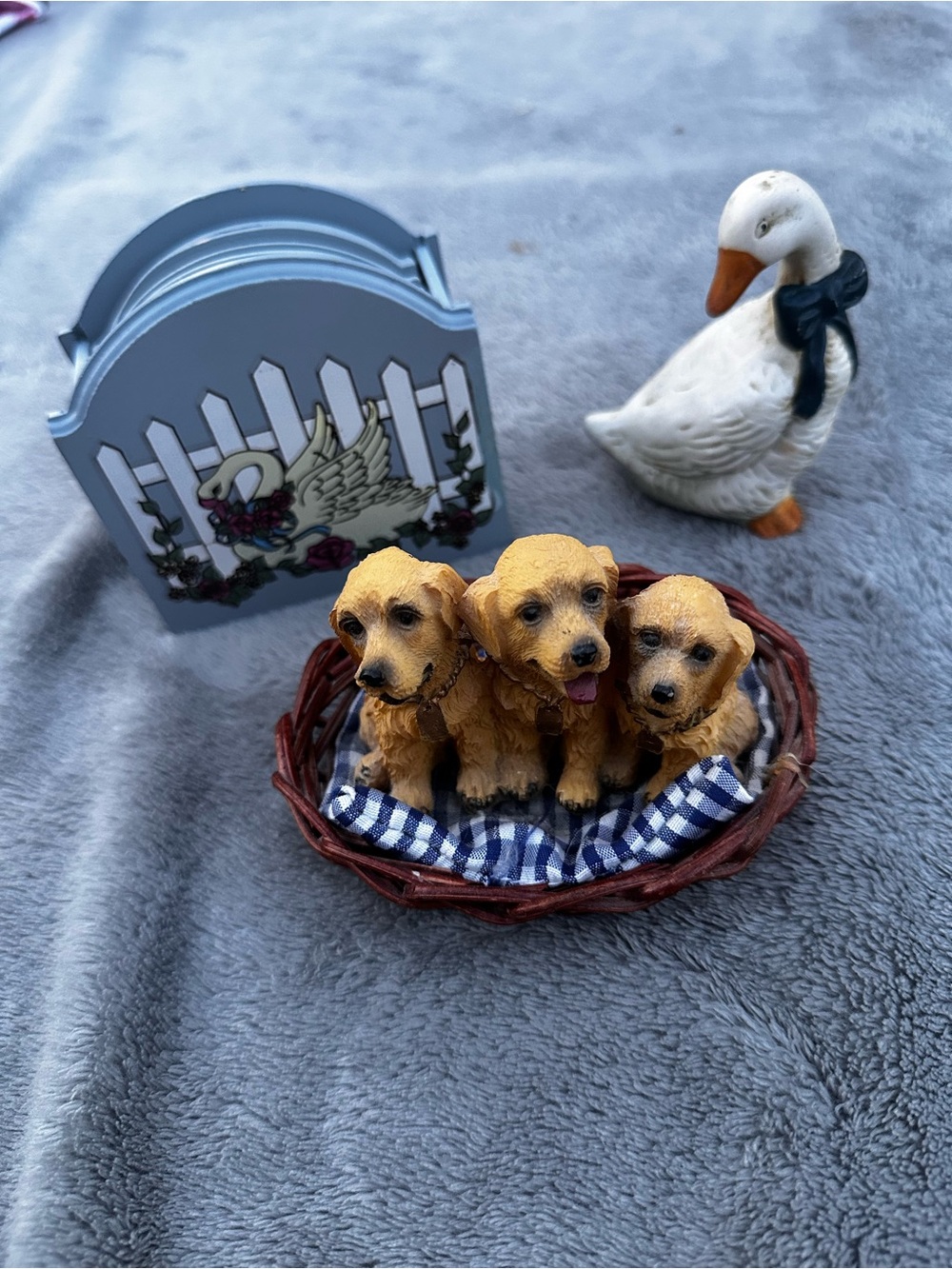 Vintage Blue Ribbon Country Goose + Puppy Trinkets & Goose Coasters Bundle